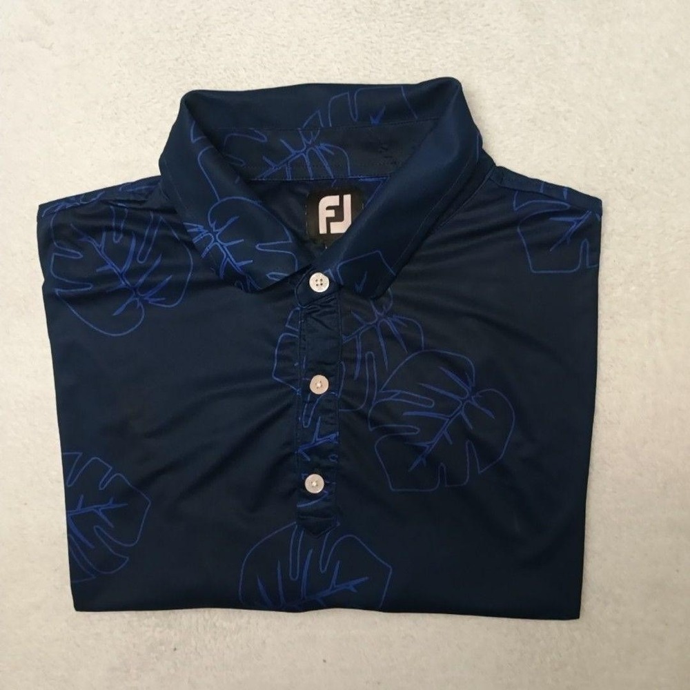 FootJoy Polo Shirt Mens XL Blue Leaf Floral Golf Performance Stretch Stonewall